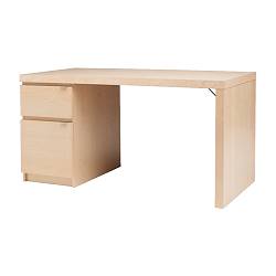 Light wood desk with drawer and file pedestal on the left and waterfall side on the right