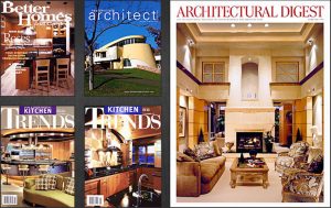 Pictures of the covers of Better Homes and Gardens Magazine, Architect Magazine, Architectural Digest, and Kitchen Trends Magazines